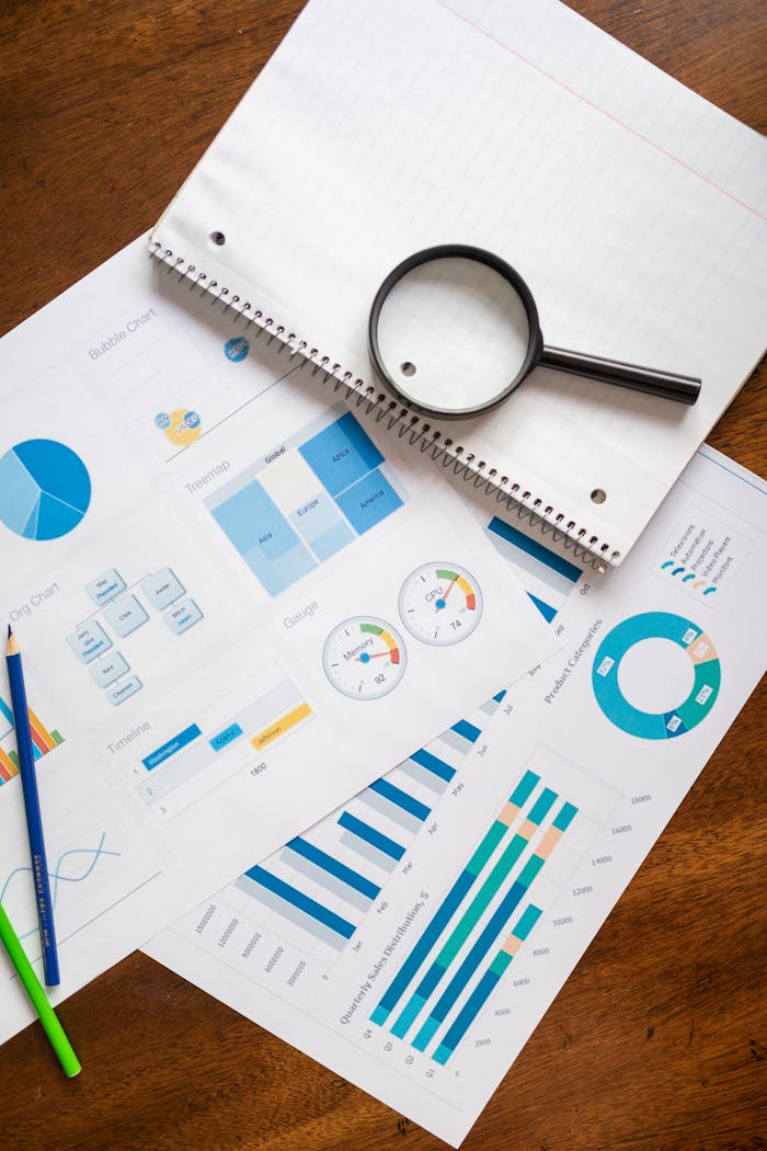 services-03 A set of financial charts and graphs with a magnifying glass, perfect for business reports.